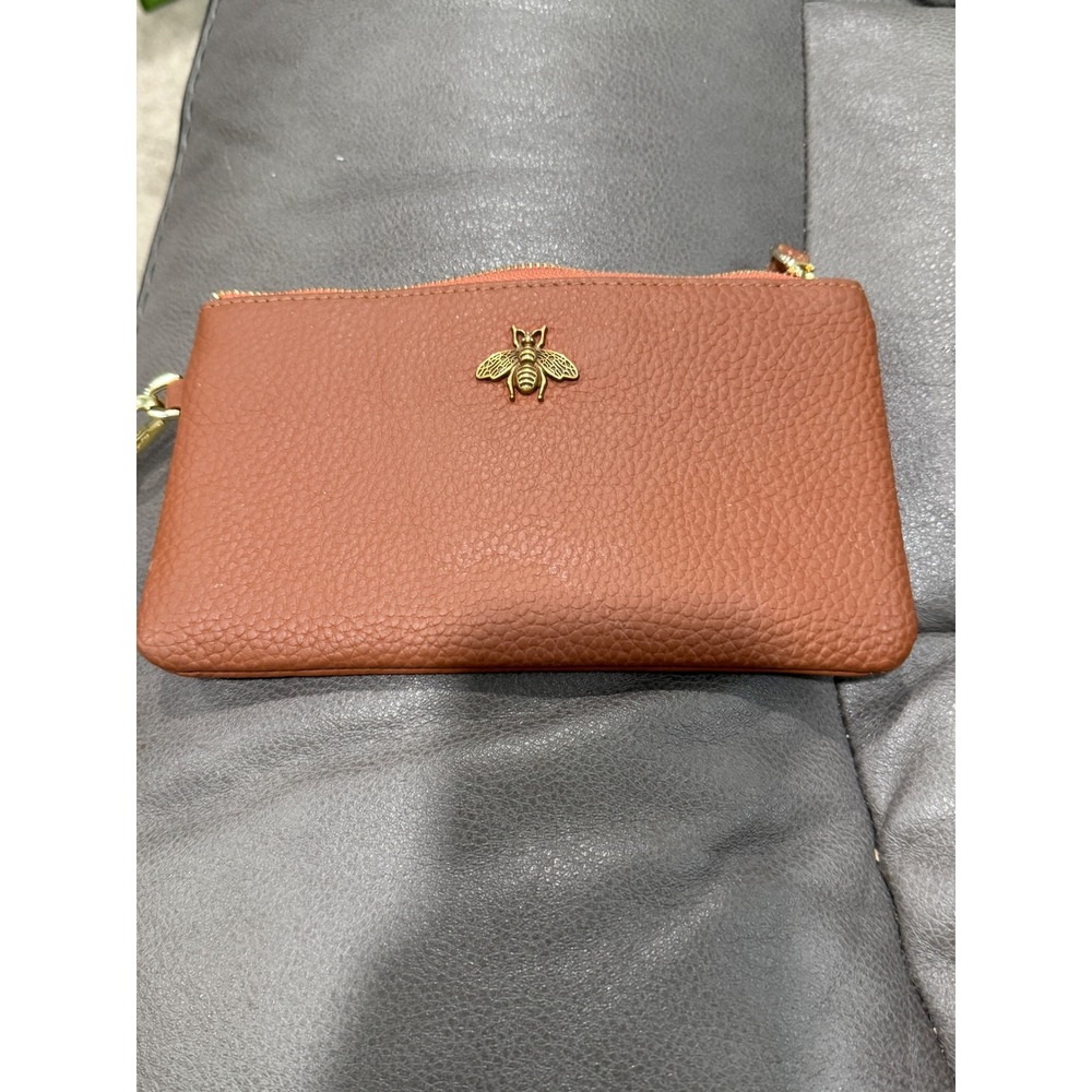 Terracotta Brown Faux Leather Bee Wristlet Clutch Gold Tone Hardware Zip Pouch